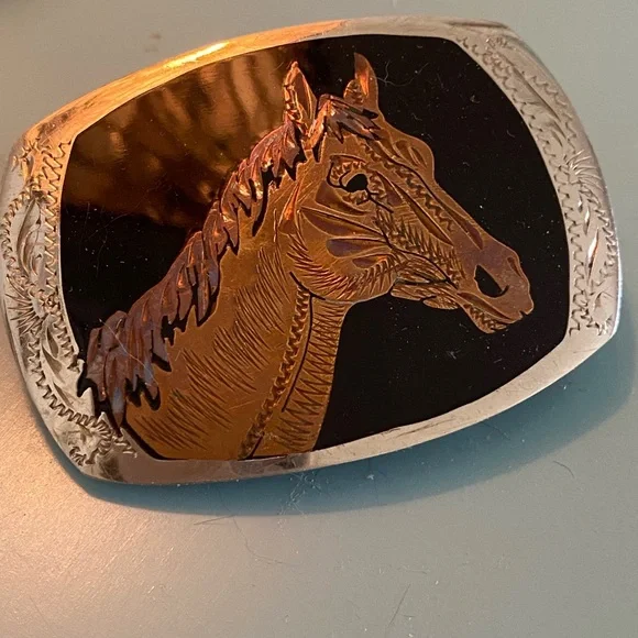 Silver Horse Engraved Belt Buckle
